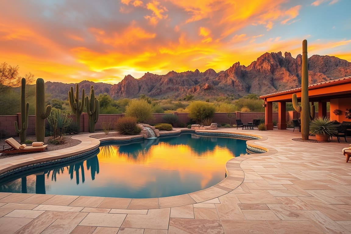 Arizona desert pool with mountain backdrop
